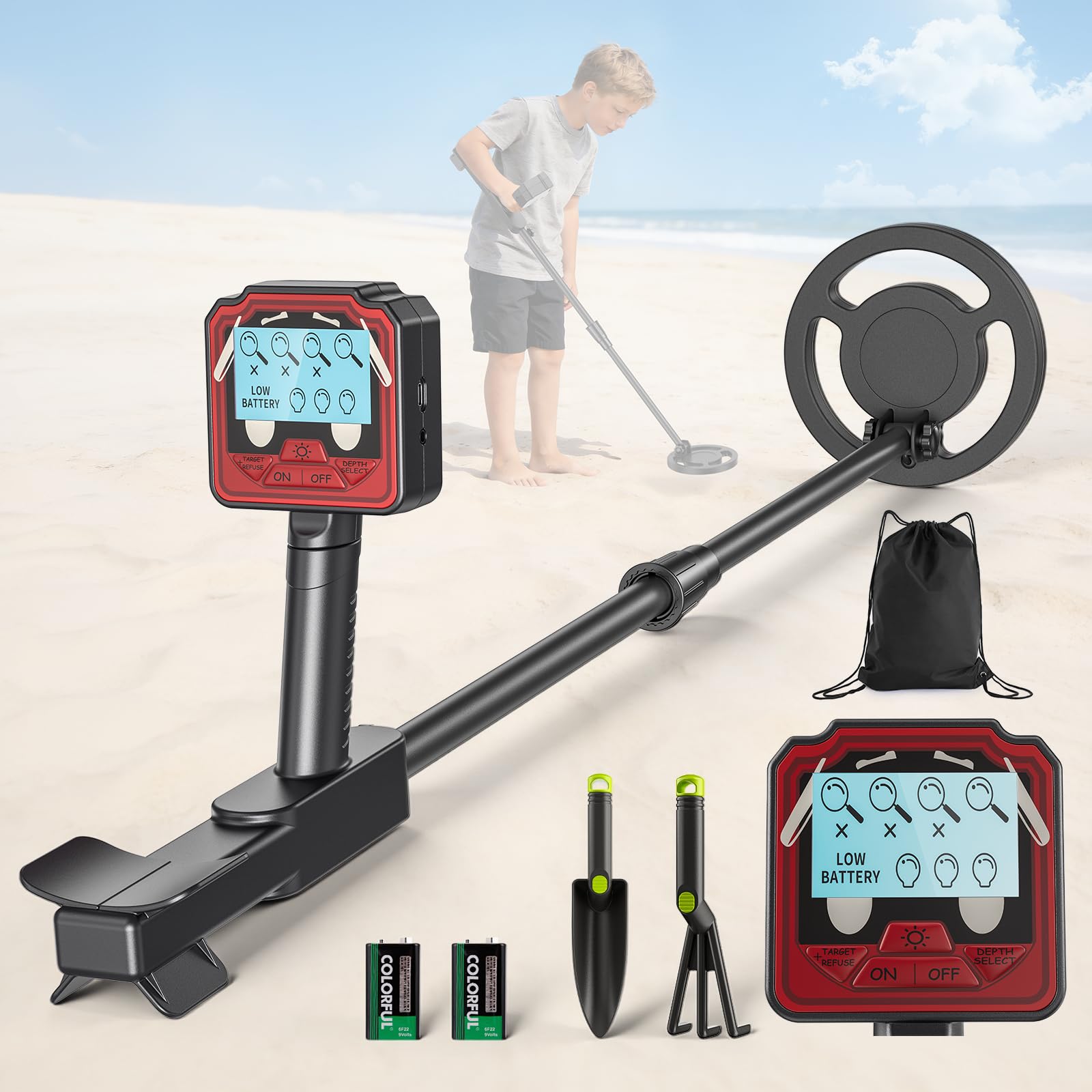 Détecteur de Métaux Enfant avec Tige Réglable, 2 Modes, Écran LCD, Bobine étanche, Haute Sensibilité