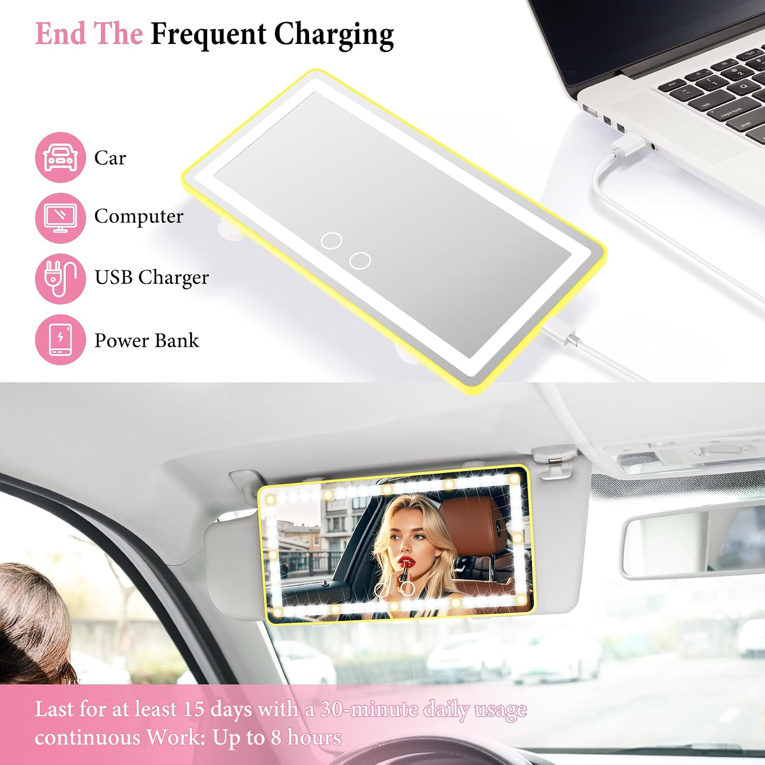 SINGARO 2PCS Car Sun Visor Vanity Mirror - Rechargeable Makeup Mirror with 60 LEDs, 3 Light Modes & Dimmable Touch Control for Cars, Trucks, SUVs, Car Interior Accessories for Women (Yellow) image 5
