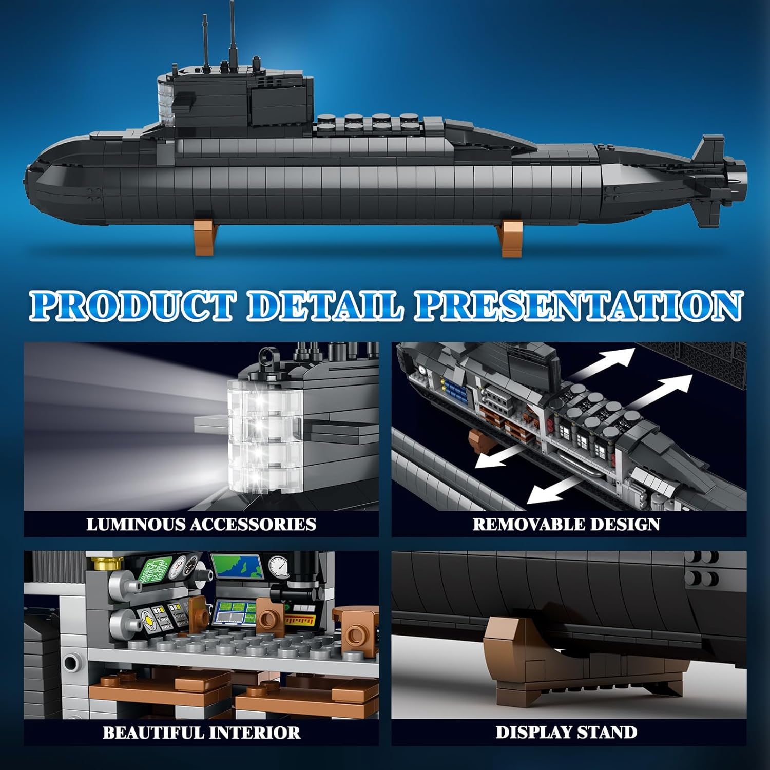 Brihappen Nuclear Submarine Model Building Kit for Adult Boys 14+ (1498 Pieces) - Military Battleship Model with Light Building Home Office Collection, Birthday Gifts for Building Blocks Lover