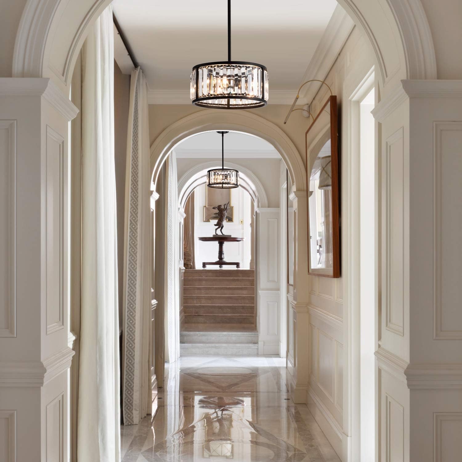 MAYNA Round Crystal Chandelier Pendant Lighting Fixture Industrial Ceiling Pendant Light for Kitchen Island, Dining Room, Bedroom, Corridor, Entrance, 3 Lights, Black Finish - - 