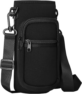 Black Water Bottle Carrier with Shoulder Strap for 32oz Water Jugs, Water Bottles Holder Bag with Phone Pouch Pockets for Camping& Travelling-The Perfect Flask Accessory