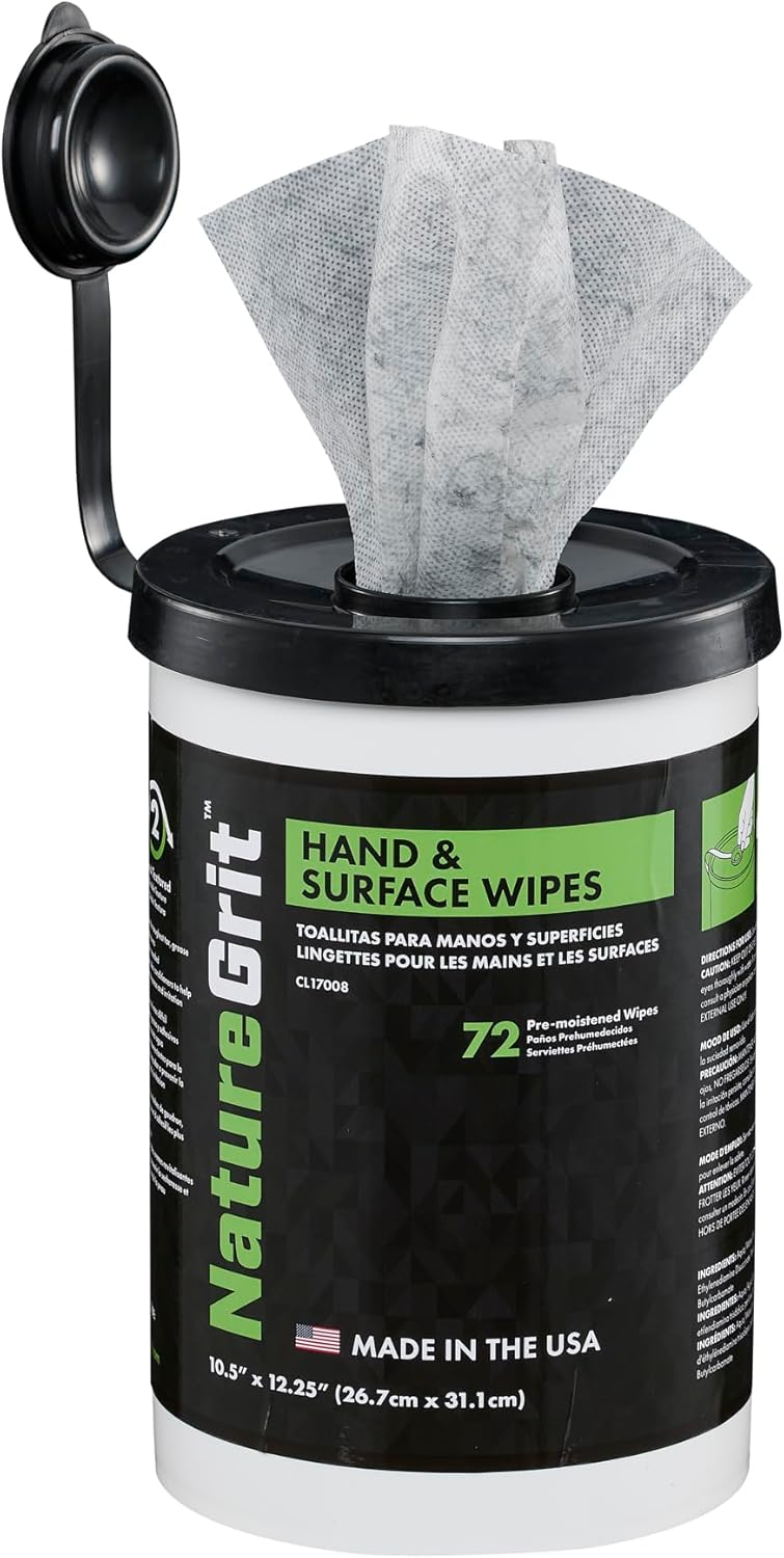 NatureGrit Hand & Surface Wipes: Mechanic Cleaning & Degreaser Sheets, Grime Removal, Hand Cleaner Towels for Mechanics, Workshop Use (Box of 6 canisters, 72ct/canister)