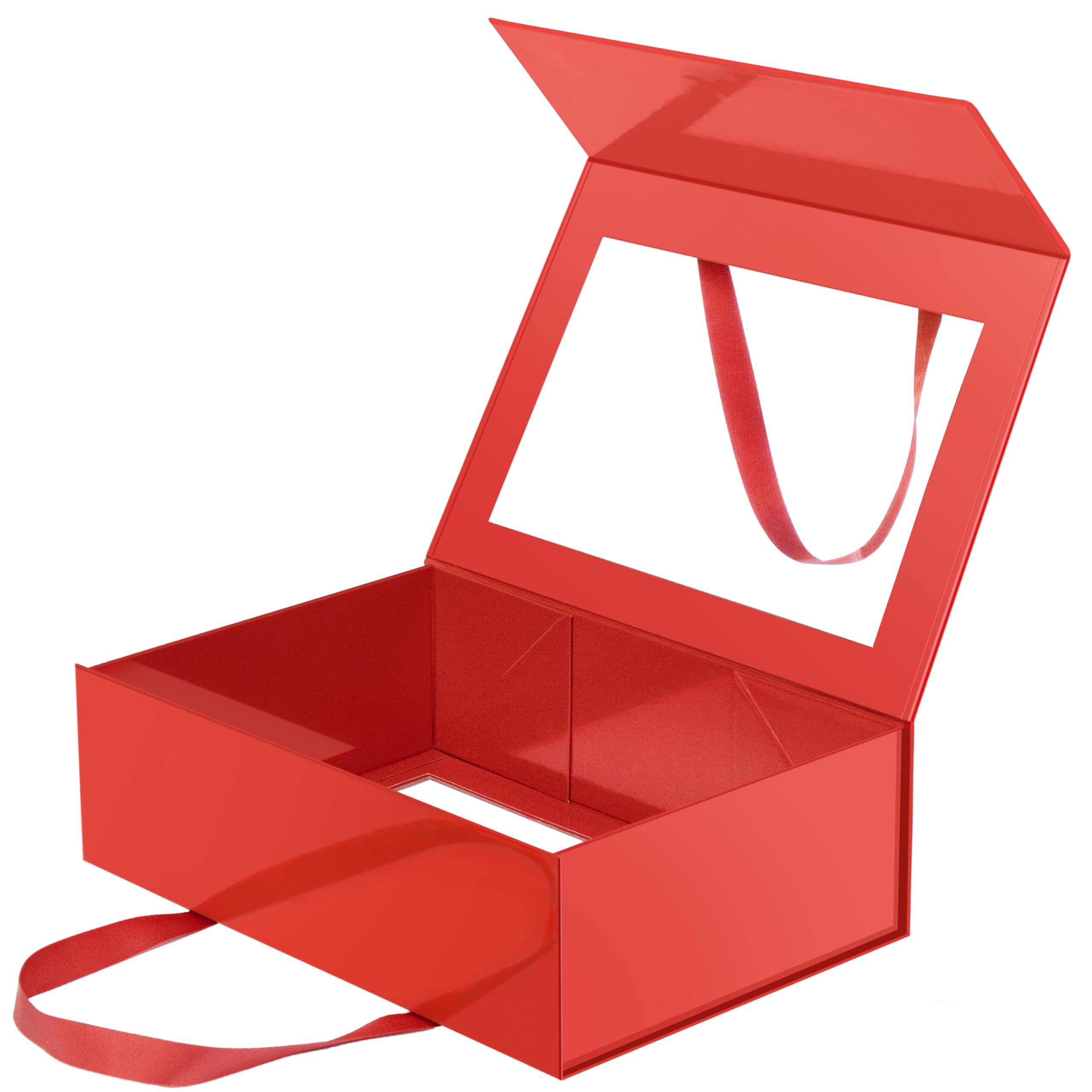 Valentine's Day Large Red Clear Gift Box, 13.5x9x4.1 Inches Gift Box with Window by Handle, Bridesmaid Proposal Box, Collapsible Gift Boxes with Magnetic Closure (Glossy Red, 1 Pack)