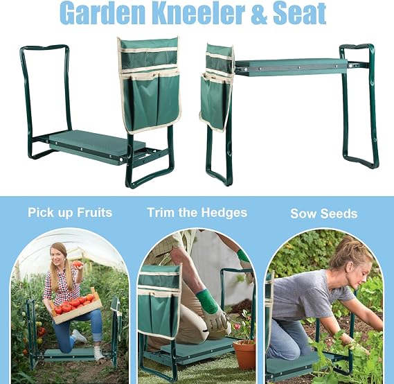 Garden Kneeler and Seat, Foldable Kneeling Stool with Tool Bag Pouch EVA Foam Pad Outdoor Practical Garden Tools for Kneeling and Sitting Sturdy and Lightweight,Green