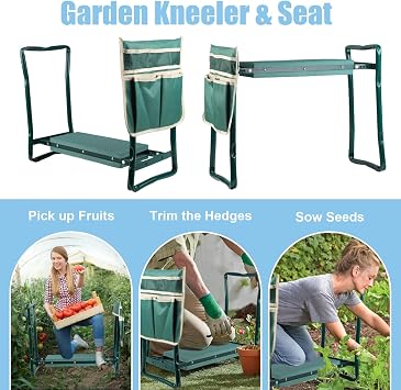 Garden Kneeler and Seat, Foldable Kneeling Stool with Tool Bag Pouch EVA Foam Pad Outdoor Practical Garden Tools for Kneeling and Sitting Sturdy and Lightweight,Green