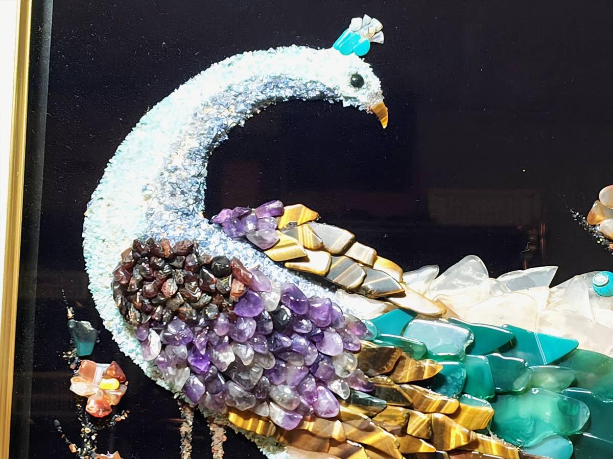 孔雀の宝石絵画 額あり(ガラス面なし) 天然石 アンティーク インテリア