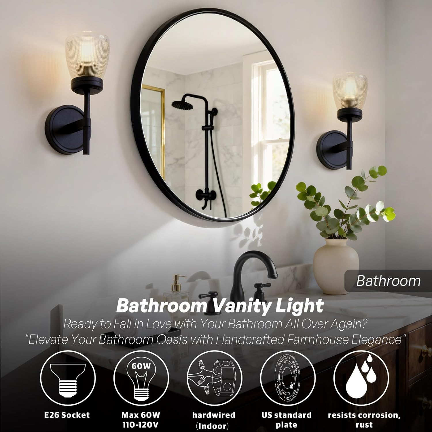 Matt Black Vintage Small Wall Sconce Light, Glass Shade Vintage Wall Lamp for Corridor Hallway Stairway Entry Way or Bathroom Vanity Lights (Damp Rated, Easy Install, Indoor Hardwired)
