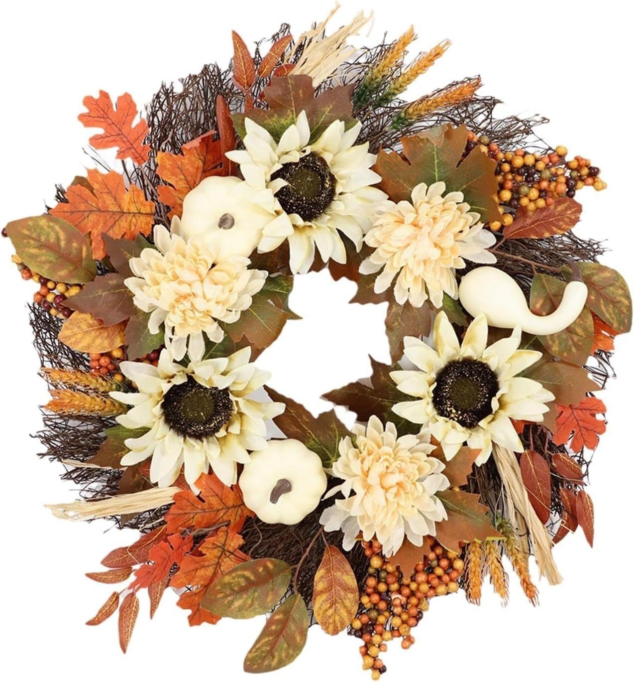 AGAATI Türkranz, Herbstkränze für die Haustür, Herbstkürbiskranz, Türkranz für die Vordertür, kreativer Sonnenblumen-Erntedankkranz, 60 cm (Größe: 60 cm) (60 cm)