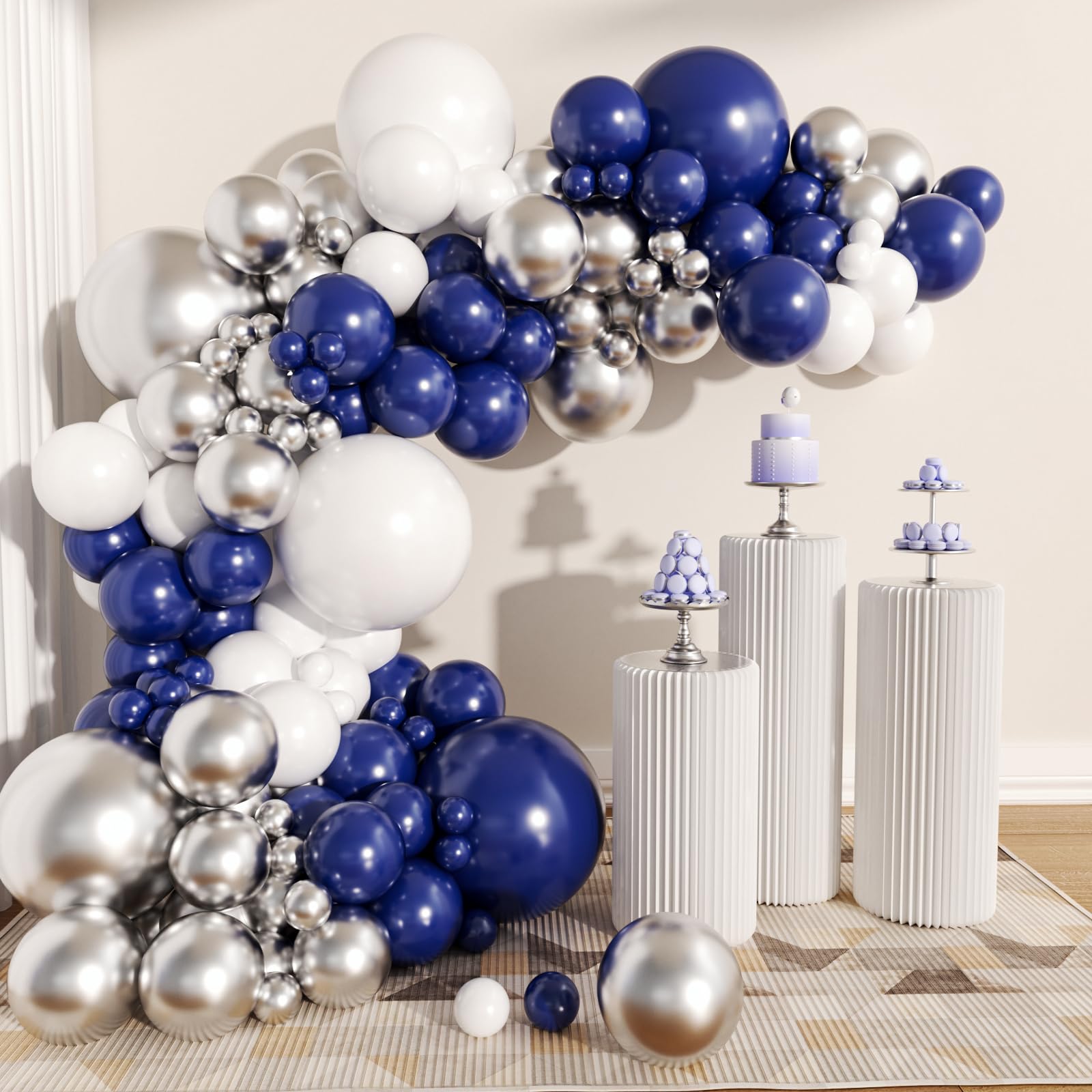 MOXMAY141 Pack Blue White Silver balloon Garland Arch Kit 18 Inch 12 Inch 10 Inch 5 Inch Chrome Pastel Balloons for Birthday Graduation Party Decorations