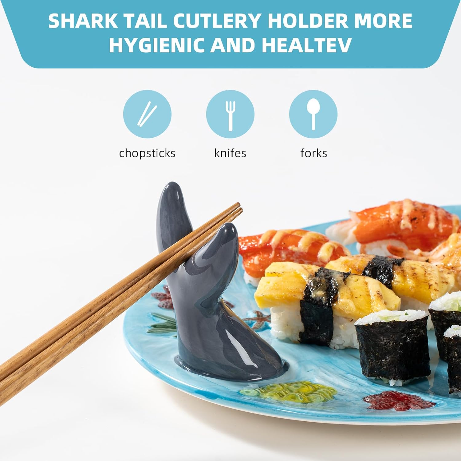 Ceramic Shark Plate with Dipping Sauce Bowl, Blue Handmade Sushi Serving Platter, Microwave Oven Dishwasher Safe, Ellipse Shape, Holiday Birthday Gift for Shark Party Lovers