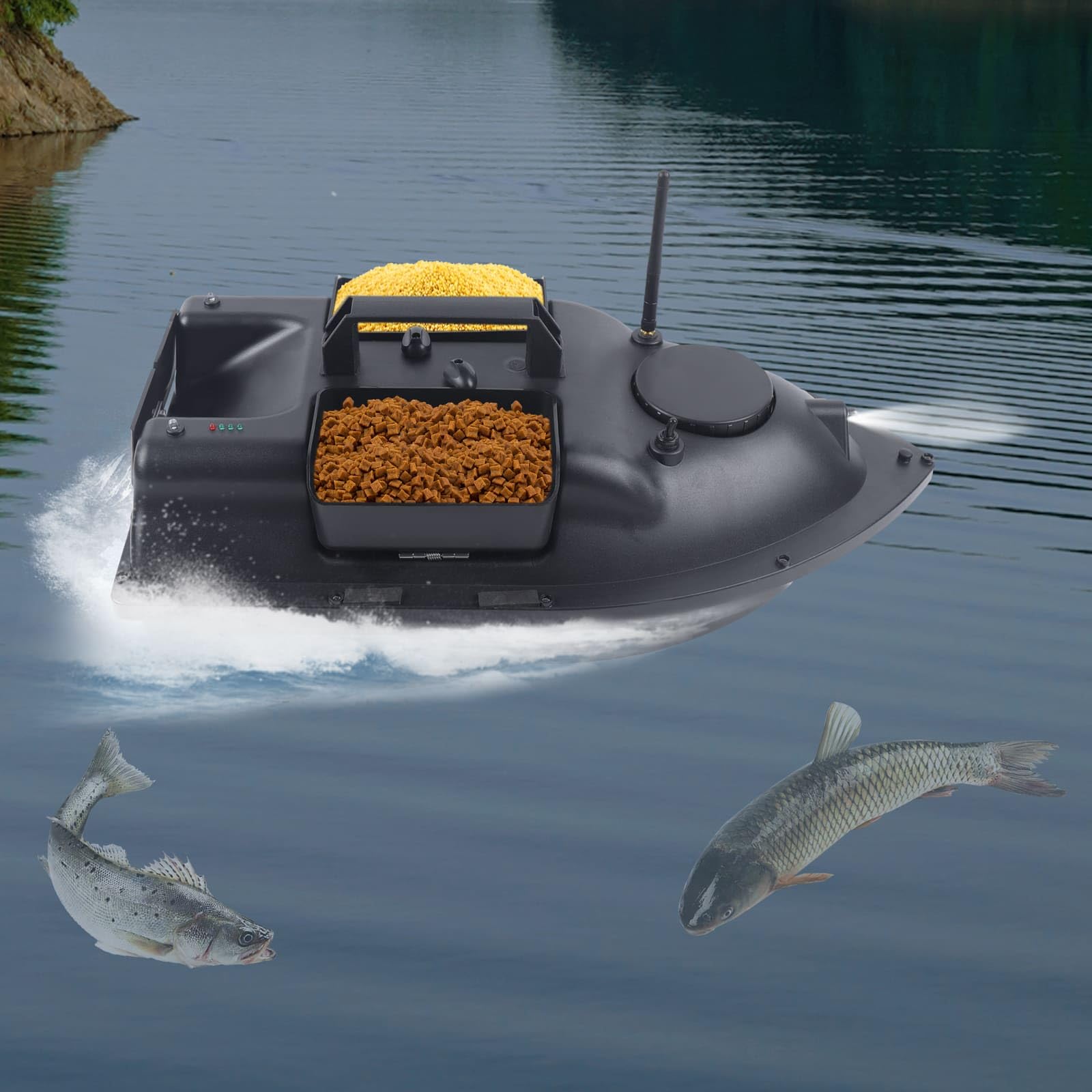 Barca di esche, Barca di avviatore telecomandato 500 m, 3 contenitori di esche, carico 2 kg, crociera automatica, batteria 5200 mAh, ideale per pesca in fiumi e laghi (nero)