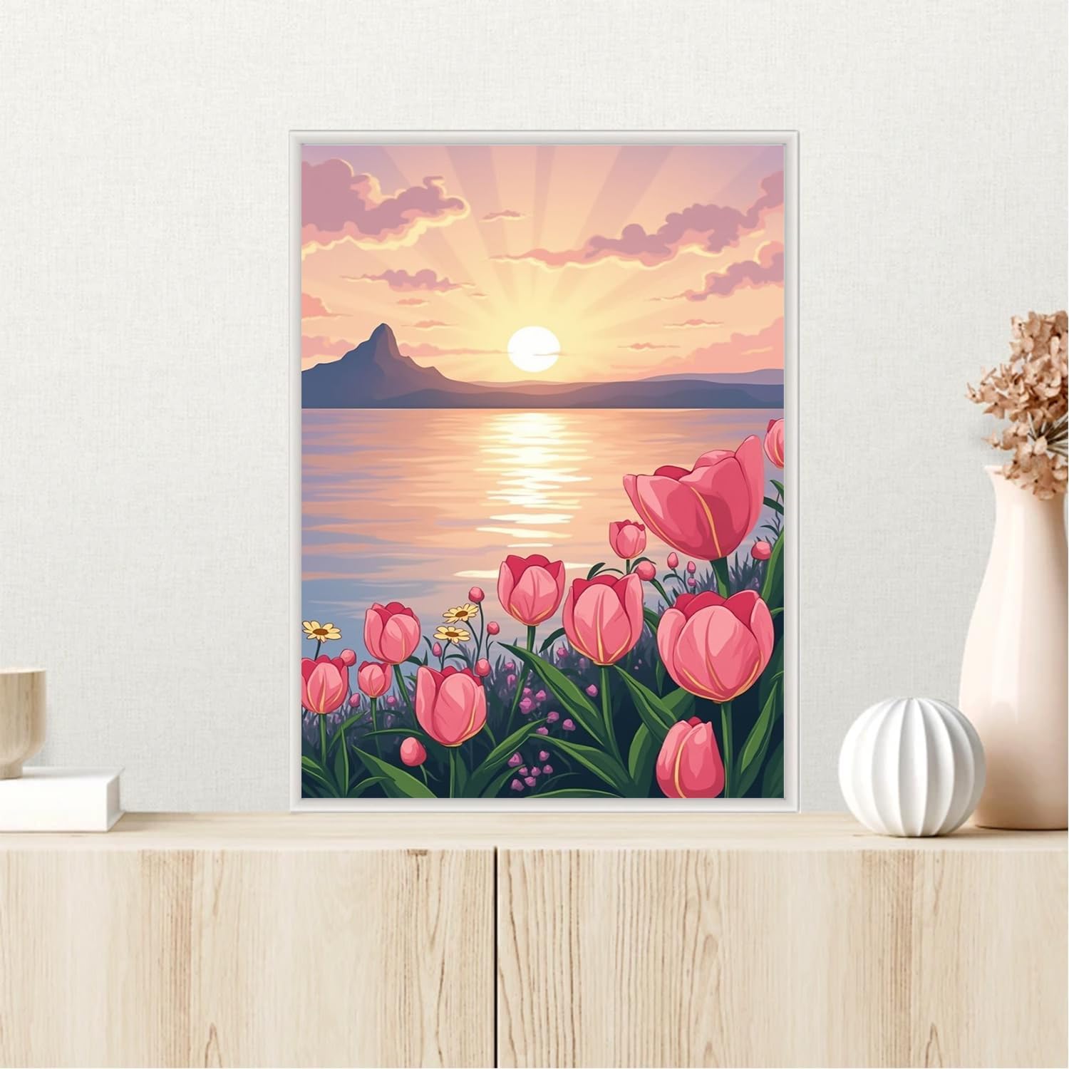 TYPUSOK Sunset Diamond Art Kits for Adults,Tulips Round Full Drill 5D Diamond Painting Kits for Beginners,Sunset Landscape DIY Diamond Dots Pictures Gem Art Kit,Home Wall Decor 12x16in