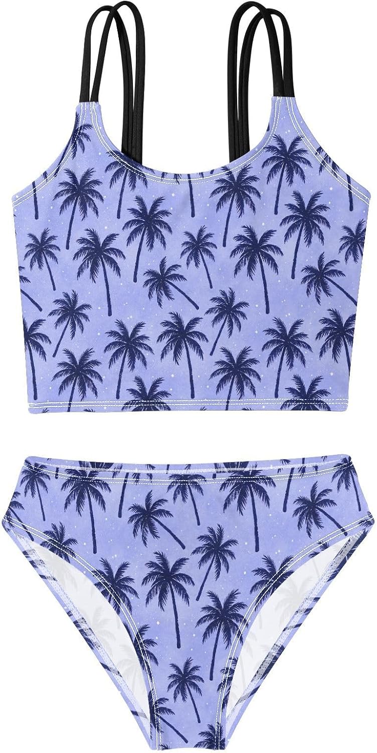 Girls Two Piece Swimsuits Tropical Palm Purple Bikini Set Swimwear Kids Bathing Suit for Girls 5-12 Years