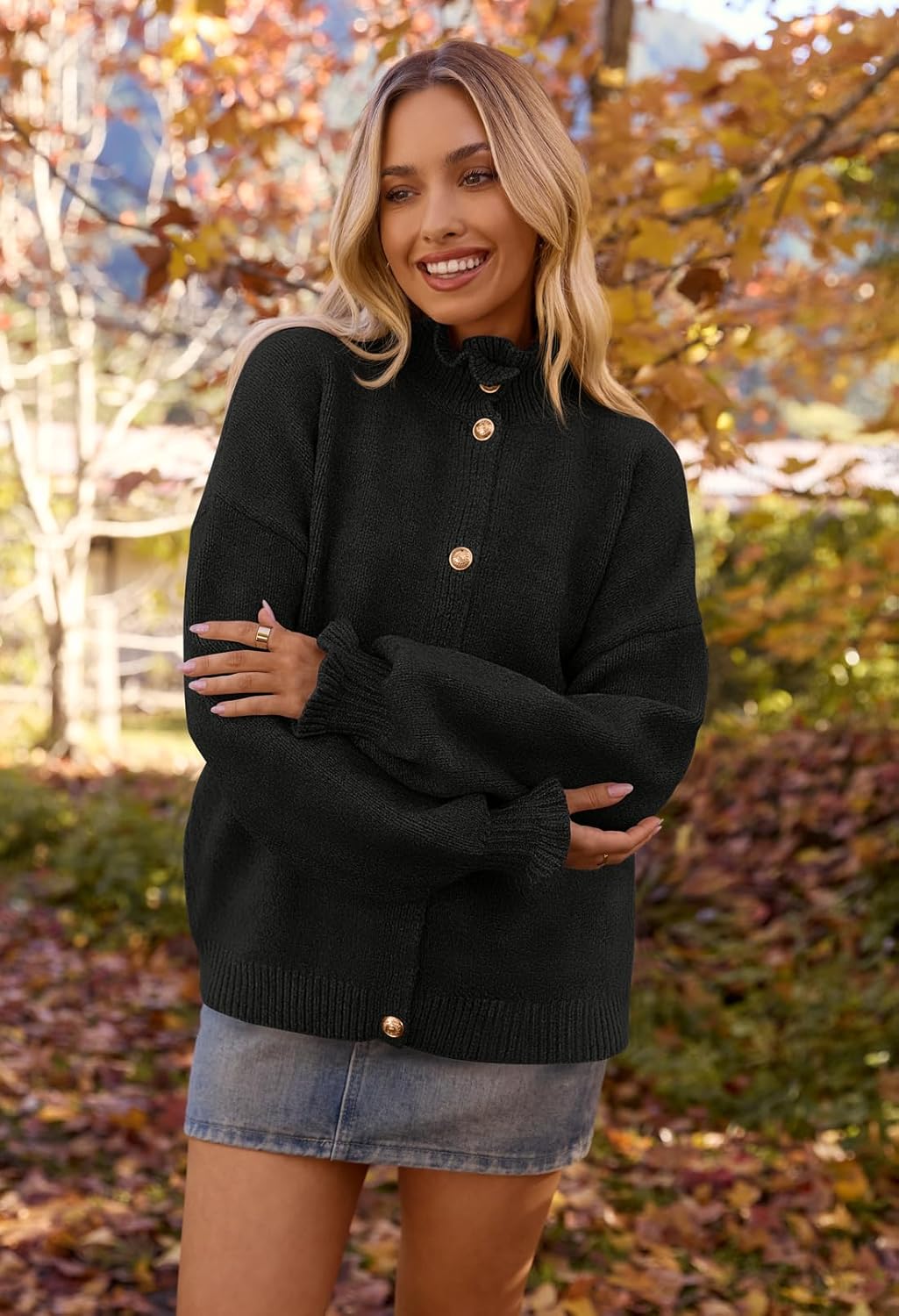 MEROKEETY Women's Fall 2026 Chunky Cardigan Sweaters Trendy Ruffle Button Down Long Sleeve Casual Knit Coat Winter Clothes - Image 8