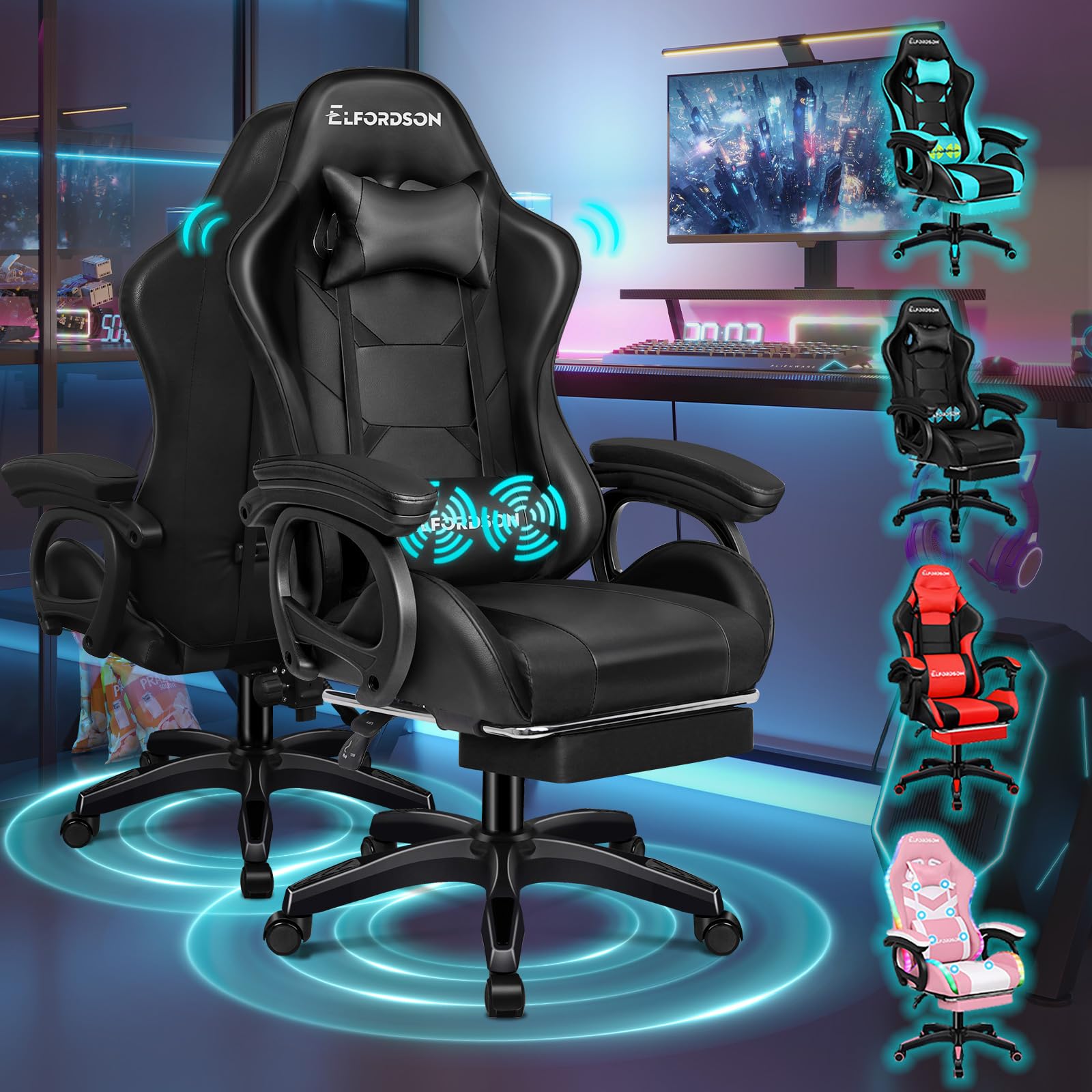 ELFORDSON Gaming Chair with 2-Point Massage Lumbar Support, Computer Chairs for Home Office, Head Pillow High Back 150° Recliner, for Kids Adults, Black — image 1