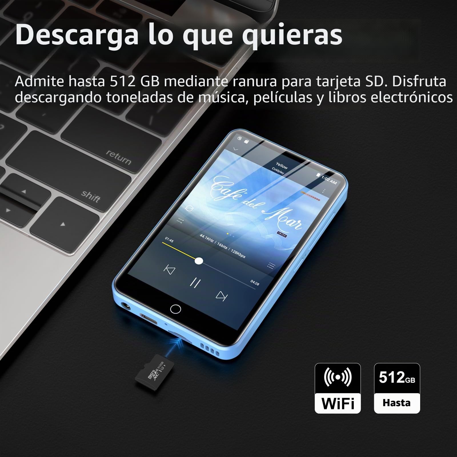Reproductor MP3 con Bluetooth y WiFi, ZAQE 80 GB de Memoria y Sistema operativo Android, Pantalla táctil de 4 Pulgadas, música de Spotify, Altavoz Integrado,Reproductor MP4 para niños (Blue)