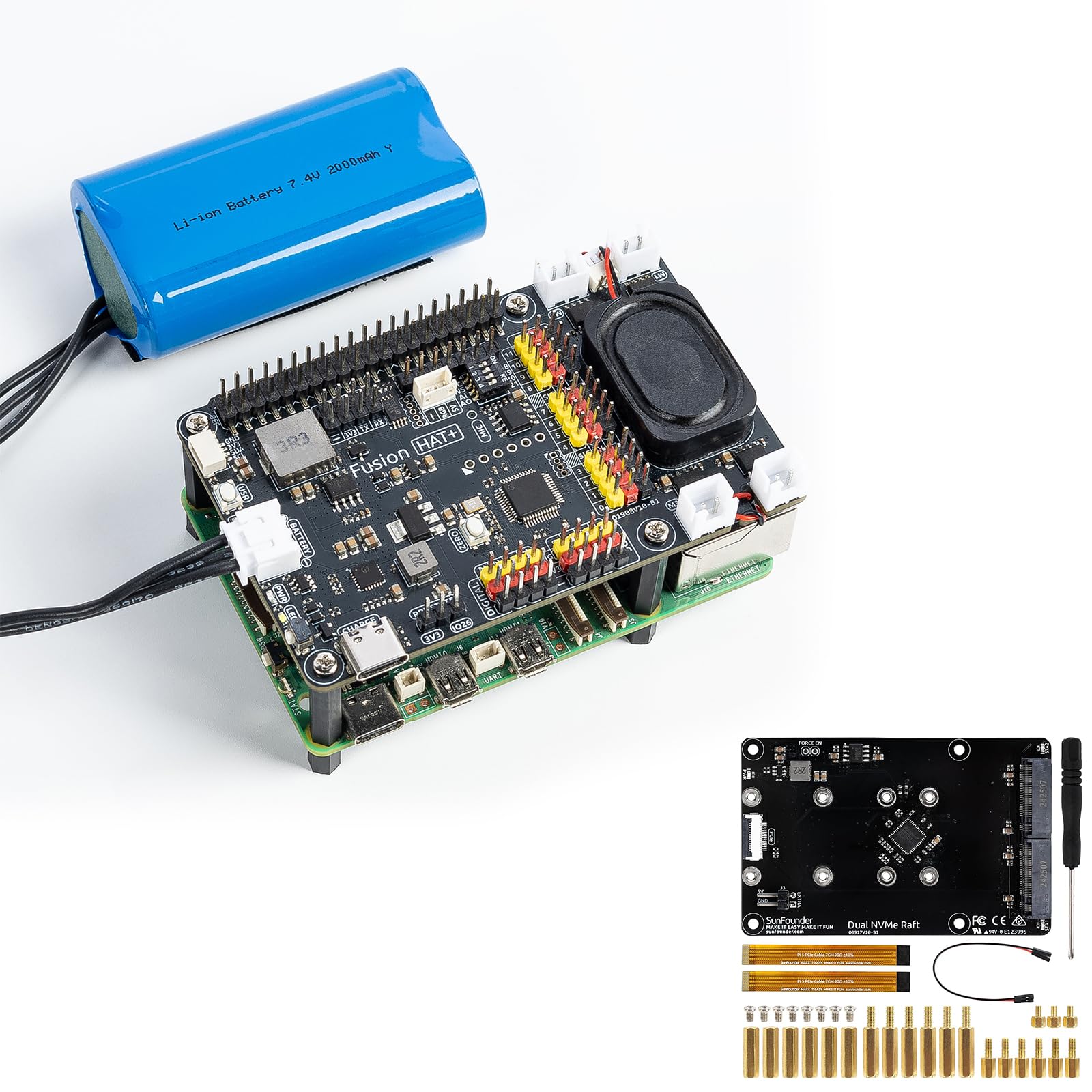 SunFounder Fusion HAT+ Expansion Board + Dual NVMe Raft for Raspberry Pi 5
