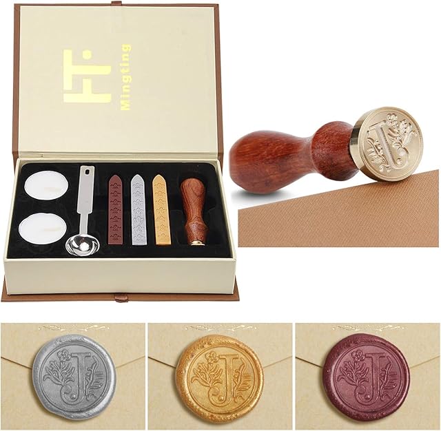 Wax Seal Stamp Kit, PUQU Classical Old-Fashioned Antique Wax Stamp Seal Kit Initial Letters Alphabet Set Gift Box with Vintage Wooden Handle and Brass Color Head (J)
