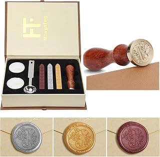 Mingting Wax Seal Stamp Kit,Mingting Classical Old-Fashioned Antique Wax Stamp Seal Kit Initial Letters Alphabet Set Gift Box with Vintage Wooden Handle and Brass Color Head(J)