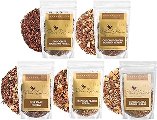 Herbal Tea Sampler – 5 Caffeine-Free Loose Leaf Blends for Sleep and Relaxation, Fruity and Dessert-Inspired Flavors, 75 to 100 Cups – Handcrafted in USA – Plum Deluxe