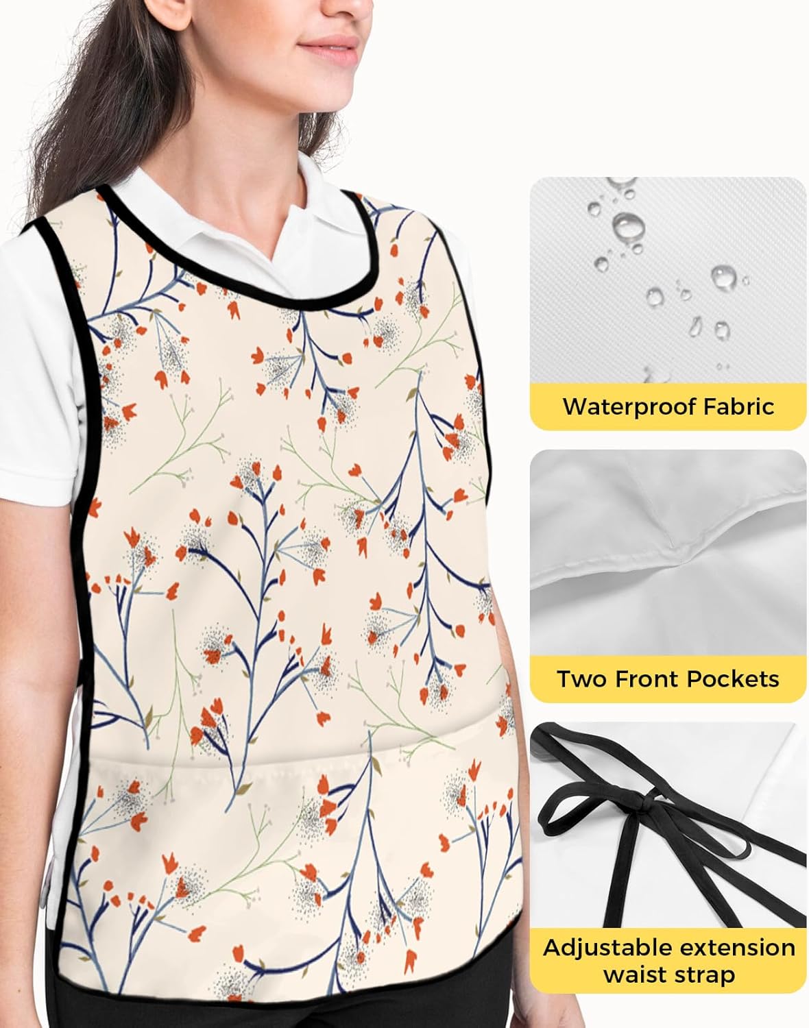 Fall Plant Flower Cobbler Aprons with 2 Pockets for Women Men,Fashionable Printed Unisex Bib Waterproof Cleaning Smock Vest for Chef Vintage Fantasy Botanical Blue Red Cream 2 Packs,20''x31.5''