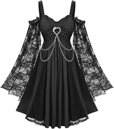 ROSE GAL Plus Size Women Halloween Witchy Costume Gothic Vintage Lace Long Bell Sleeve Cold Shoulder Vampire Dress