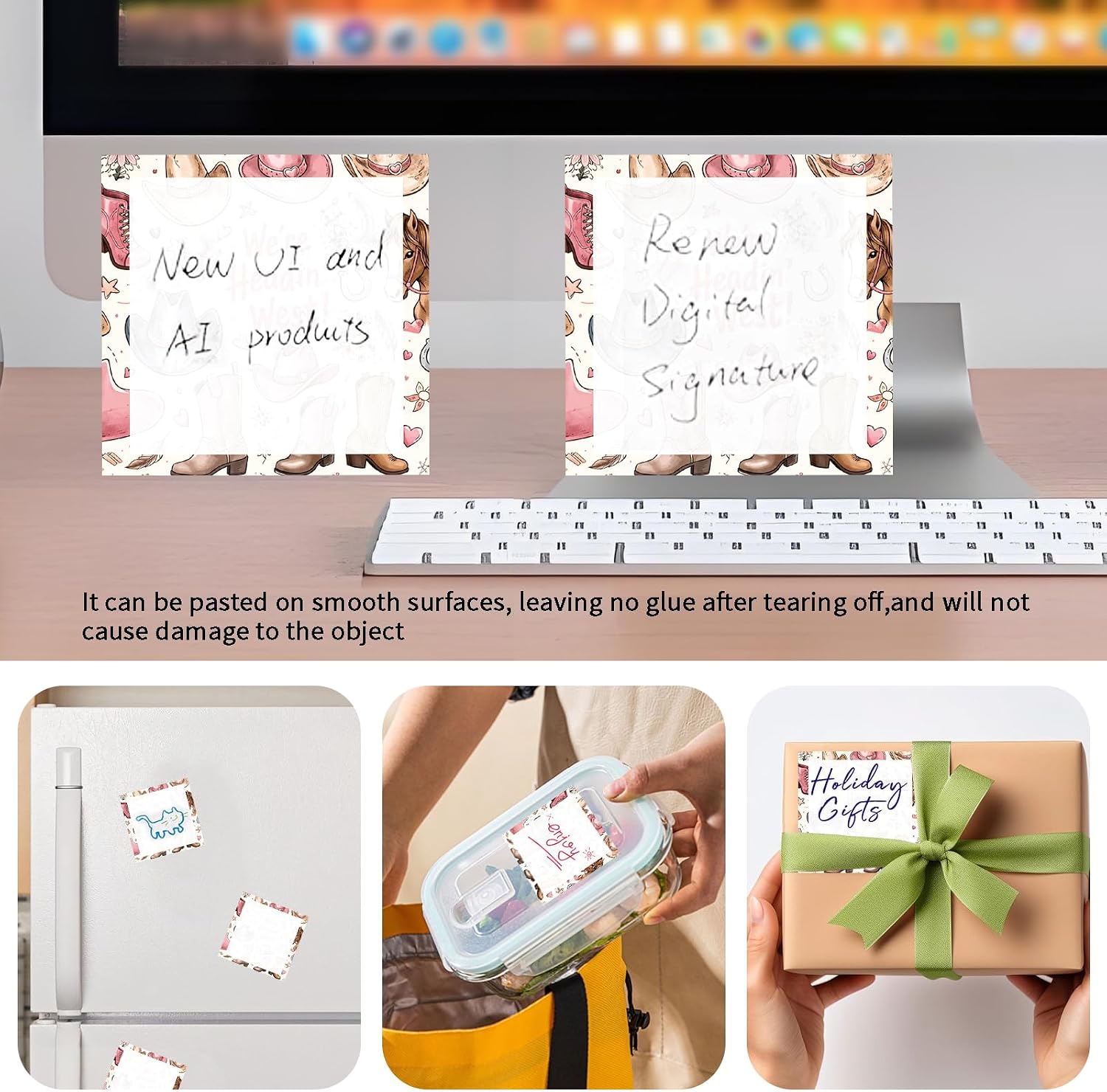 Sticky Notes 3x3 Inches, Cute Self-Stick Notes Bright Funny Sticky Note, Easy to Post for Home, Office, Notebook Retro Cowgirl Boots Hats image 2