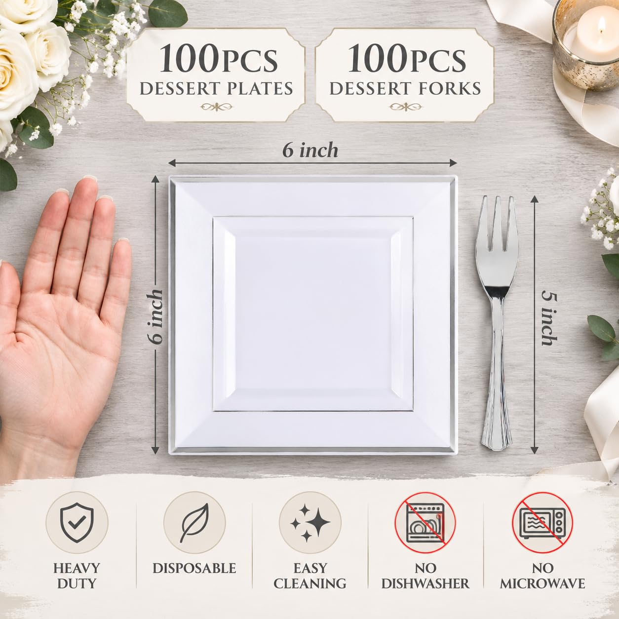 Silver Dessert Plates & Forks - 100 Pack for Parties -3 Silver Dessert Plates & Forks - 100 Pack for Parties -3