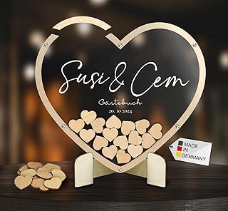 Gästebuch aus Holz und Acrylglas transparent zur Hochzeit, personalisiert, Wunschgravur, inkl. Herzen