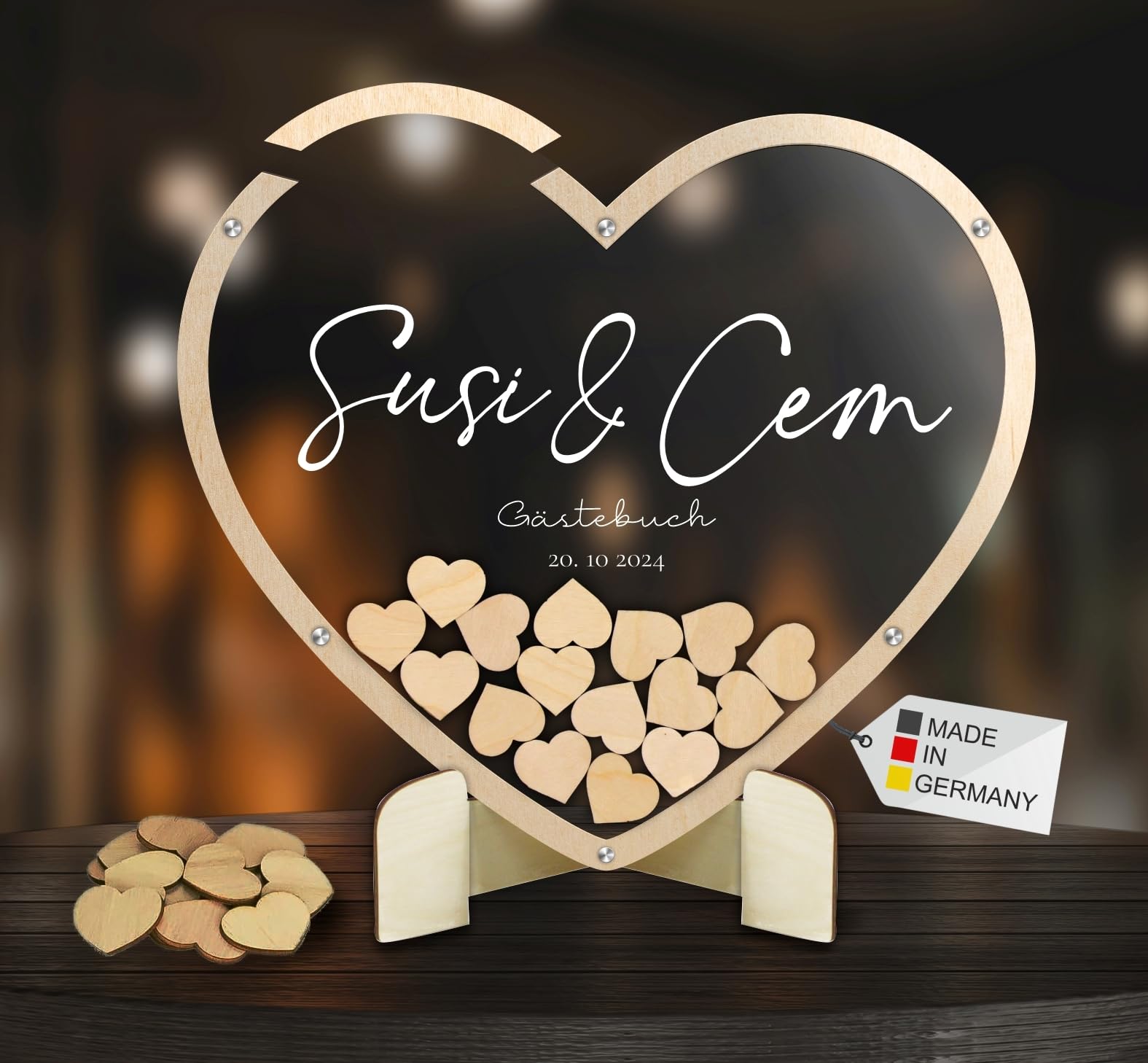 Gästebuch aus Holz und Acrylglas transparent zur Hochzeit, personalisiert, Wunschgravur, inkl. Herzen