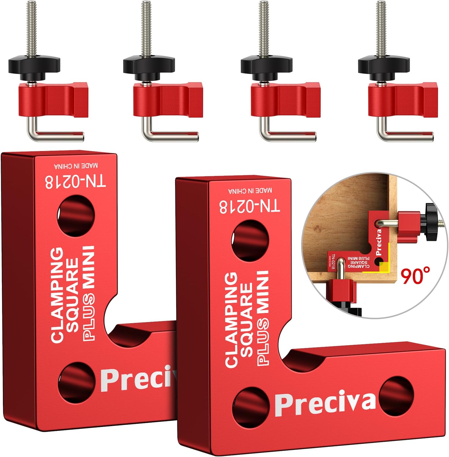 Preciva 90 Degree Mini Positioning Squares 2 Sets (2.32''x 2.32''), Aluminum Alloy Right Angle Clamps Fixing Clamp, Carpenter Corner Clamping Square Tool for Picture Frame Box Cabinets Drawers (Red)