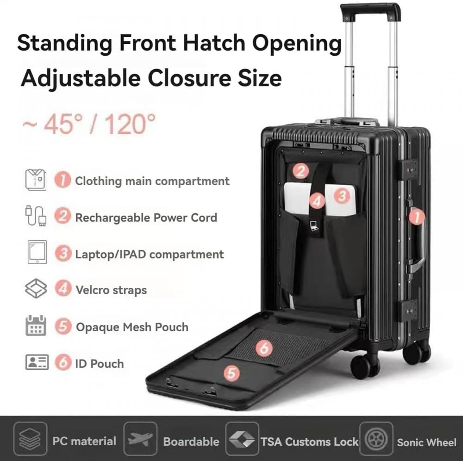 Equipaje de Mano con Bolsillo Frontal de 20"/24", Marco de Aluminio Laterales Rígidos, Maleta con Ruedas Giratorias y Cerradura TSA, con Puerto de Carga USB y Portavasos A,20inch
