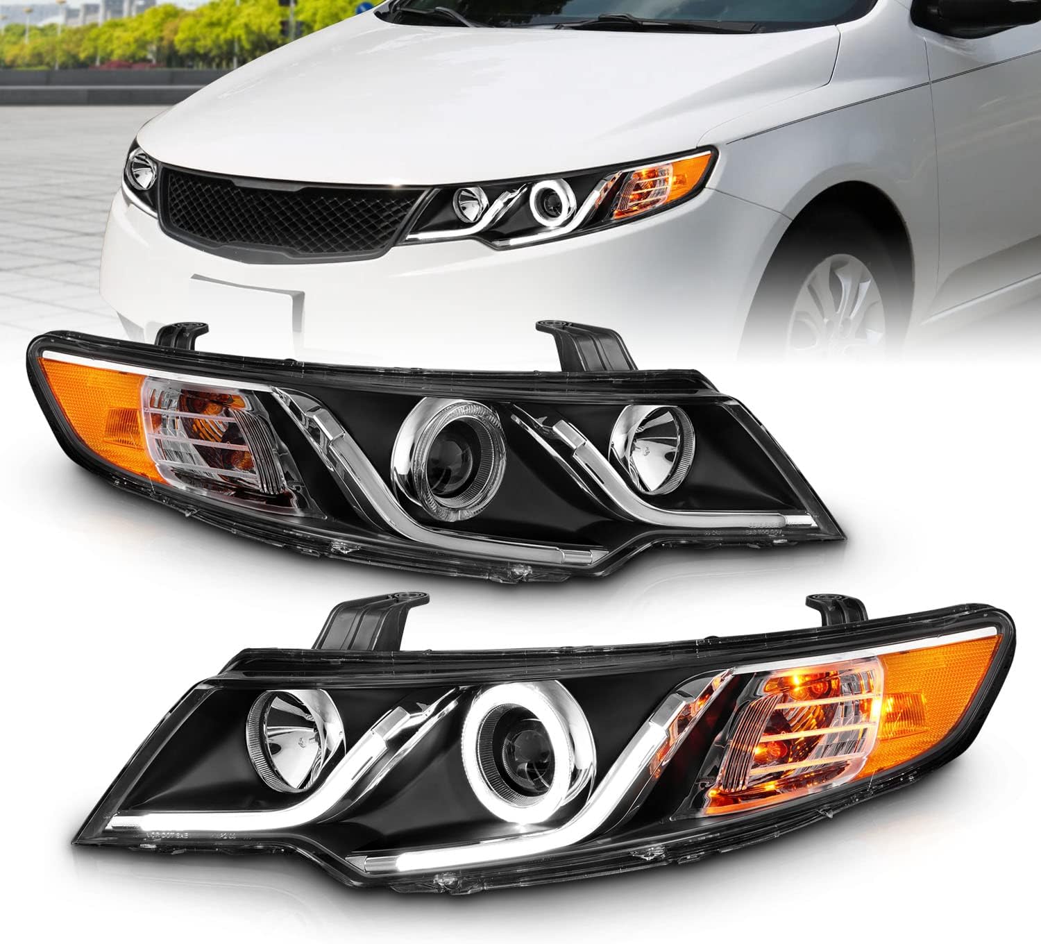 AmeriLite for 2010-2013 Forte Koup Dual LED Halos + Tube Black Replacement Projector Headlights Pair - Passenger and Driver Side