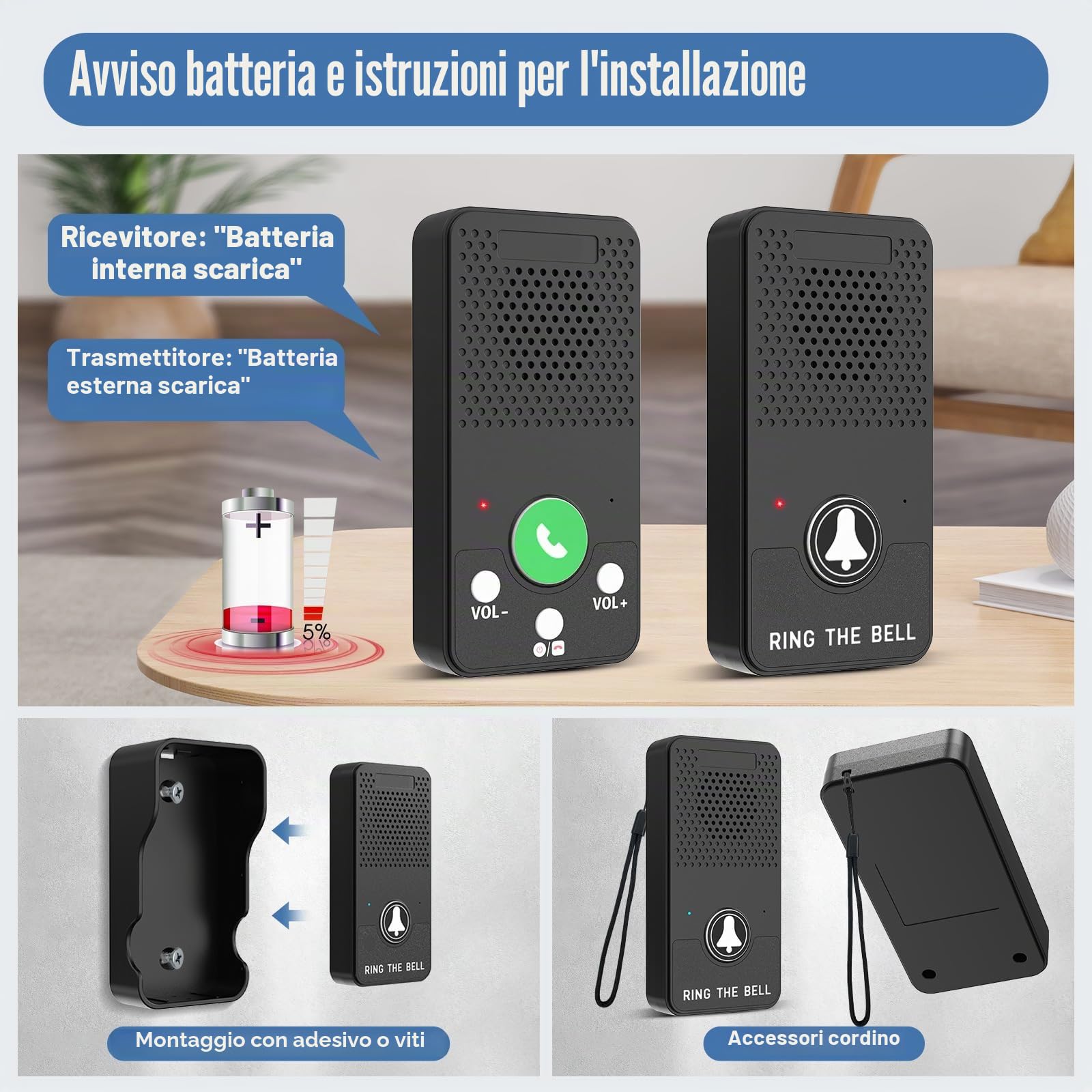 ChunHee Allarme interno di emergenza per anziani, 150 m, SOS per anziani, paziente, volume maggiore, livello 8, batteria a lunga durata, citofono