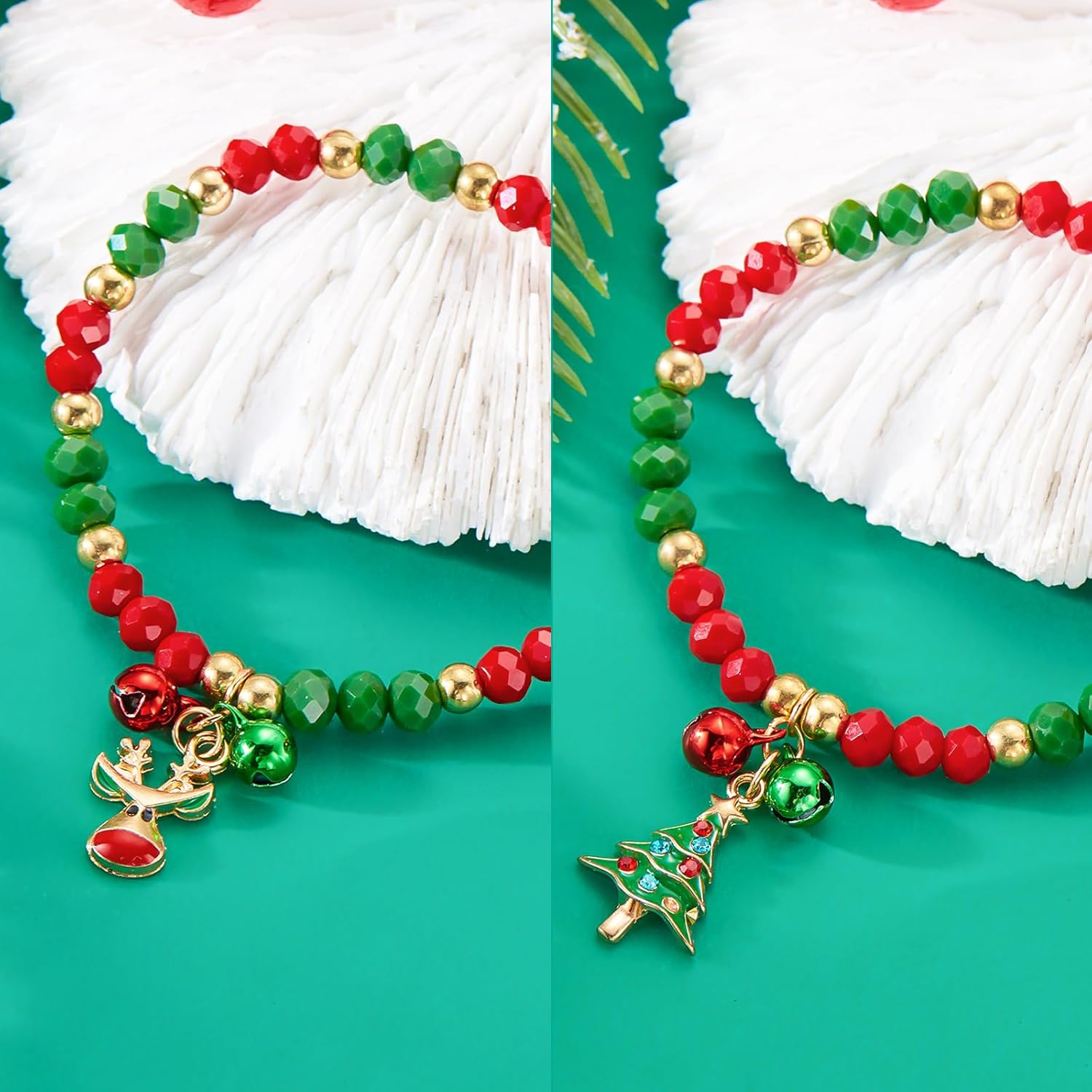 Nanafast 4 PCS Christmas Bracelet Set Santa Claus Snowflake Christmas Tree Beaded Stretch Bracelet for Women Thanksgiving Xmas Holiday Party Gifts - Image 4