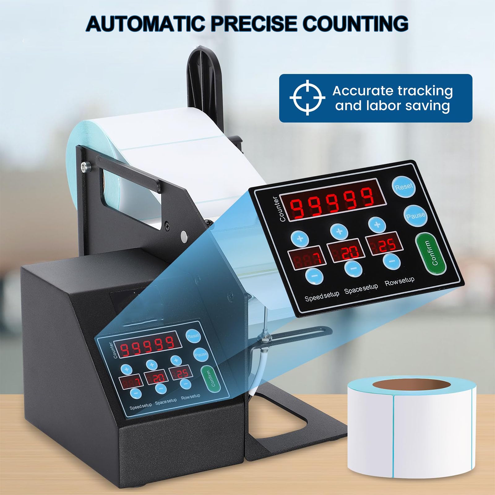 Etikettentrennmaschine mit LED-Anzeige, automatischer Zählung, Geschwindigkeit 1–10 Zoll/Sek., Etikettenbreite 90 mm, für Bedruckte, durchscheinende und opake Etiketten