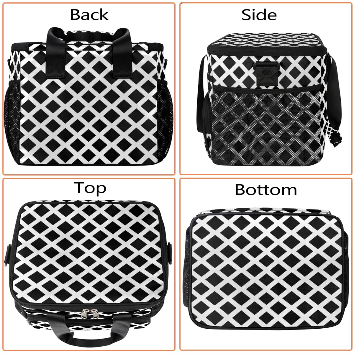 Grande borsa termica da campeggio per picnic, griglia a scacchi bianca e nera, stampa geometrica, pieghevole, portatile, da viaggio, borsa per il pranzo e contenitore per il pranzo, per uomini e donne