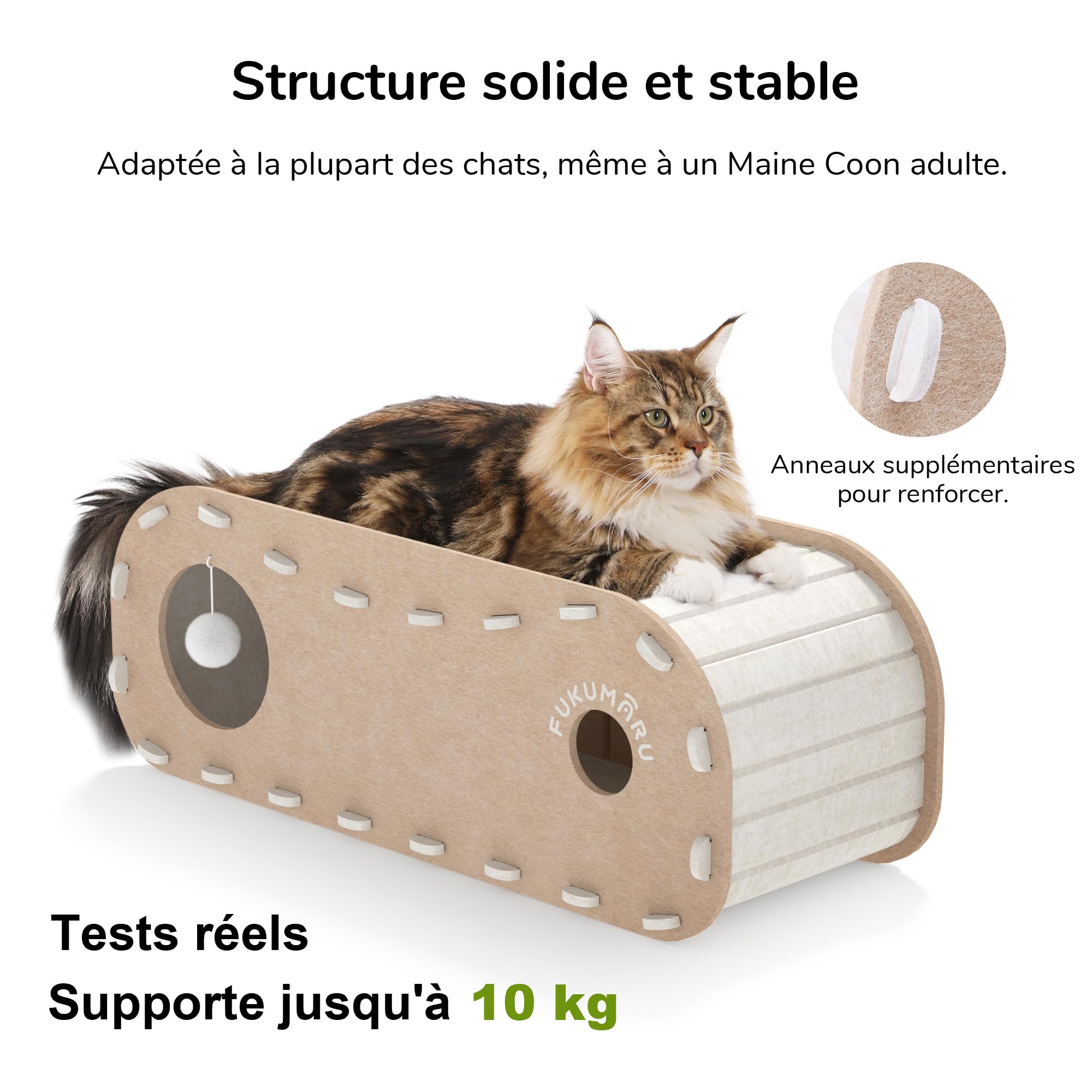 FUKUMARU Lit pour Chat d'intérieur, Grotte Extra Large pour Chat 80 cm Maison Confortable avec Boule Moelleuse à Suspendre, Lit cachette en Feutre résistant aux Rayures, Tunnel félin, Beige