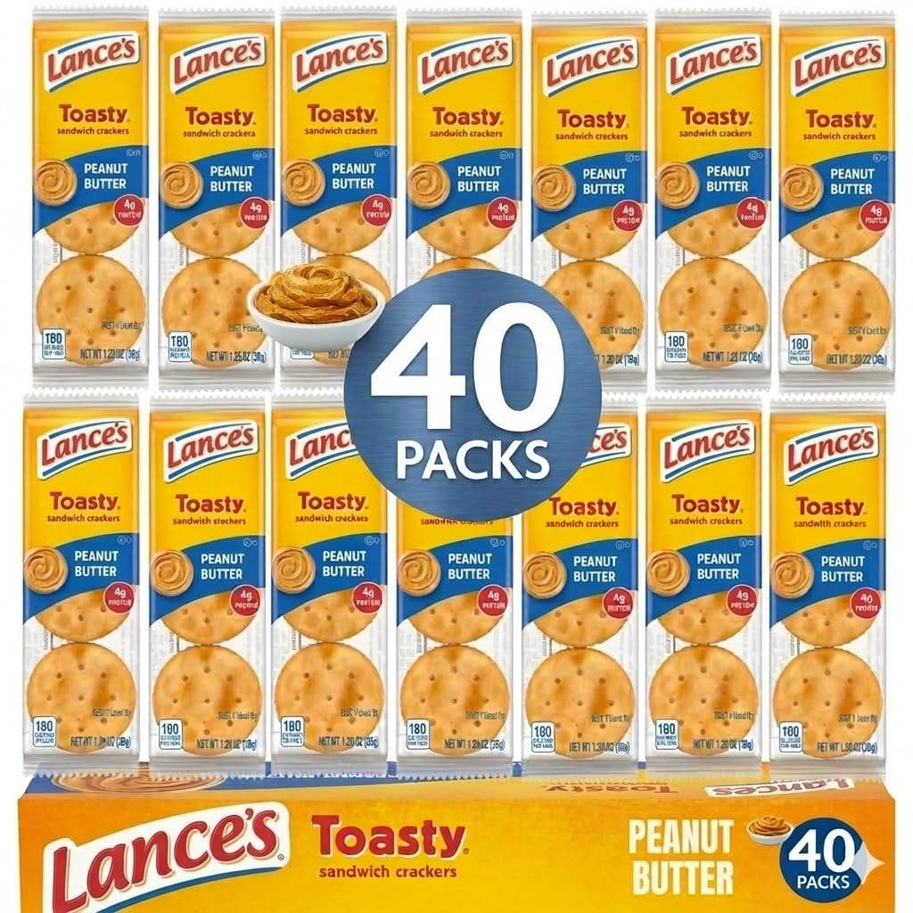 Lance's Toasty Peanut Butter Sandwich Crackers, 40 Count Individual Snack Packs - Bulk Savory Snacks for Lunchboxes & Office