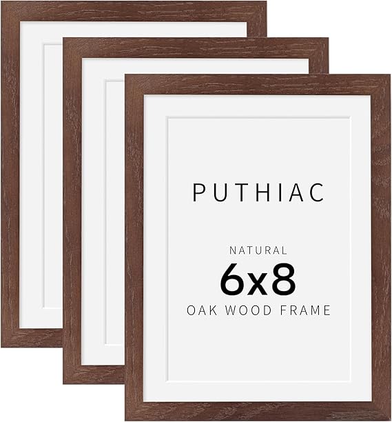 6x8 Oak Wood Picture Frame - Minimalist 6x8 Picture Frame, 6"x8" Frame Wood, Natural Solid Wooden Picture Frames for Wall Art Photo and Prints(3 Pack, Walnut)