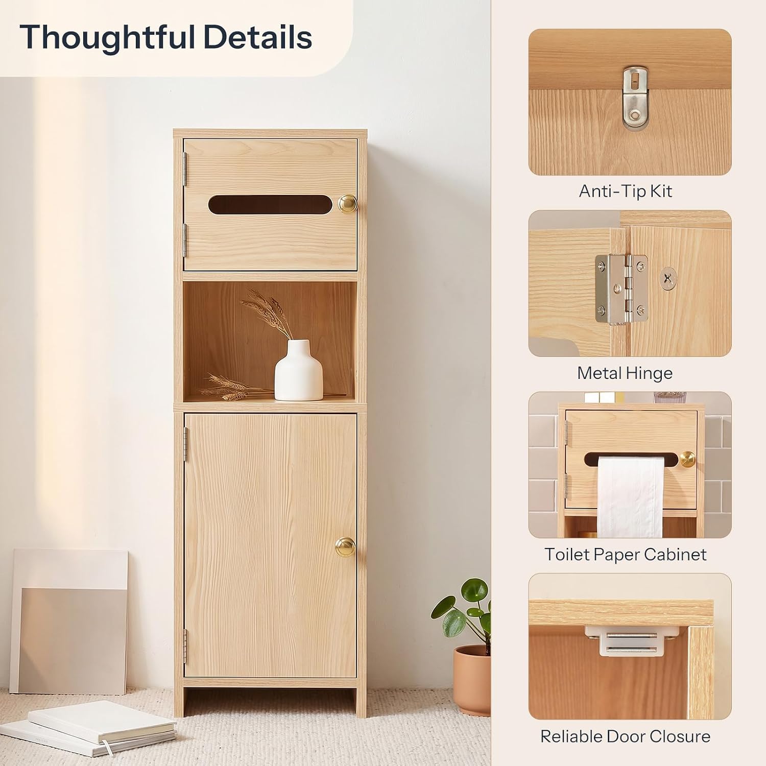 HOOBRO Small Bathroom Storage Cabinet, Wooden Slim Bathroom Organizer with Toilet Paper Cabinet, 9.8”W Space Saving Floor Cabinet with Adjustable Shelf, for Small Space, Bathroom, Natural