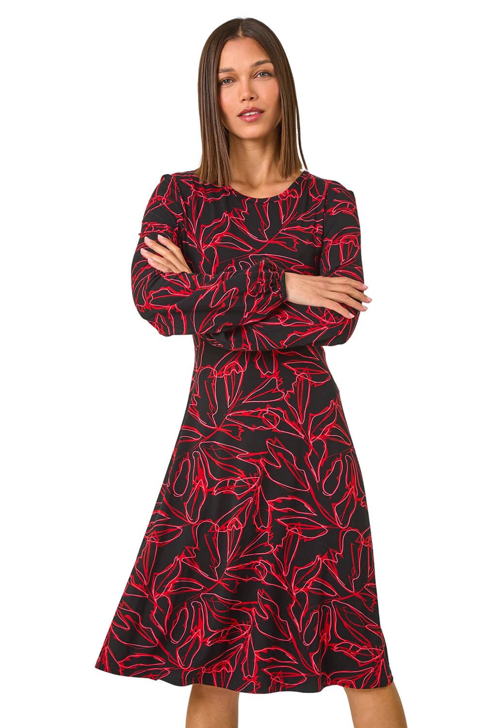 Roman Women's Red Leaf Print Stretch Tea Dress In Size 16