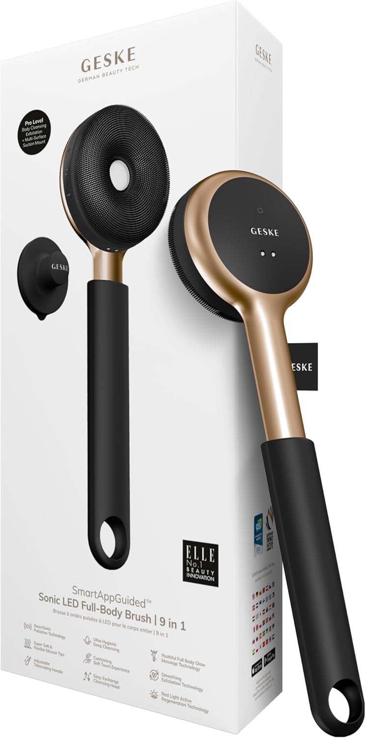GESKE LED Sonic Full-Body Brush | 9 in 1 | Reinigingsborstel en exfoliator met led | Met SmartSonic-pulsaties | Dieptereiniging en massage | Ruwe huidverwijderaar | Verstelbare handgreep