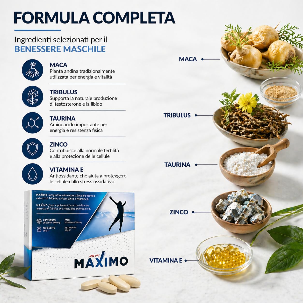 MAXIMO RiseUp Integratore Energia e Vitalità | Maca, Taurina, Zinco e Vitamina E | Supporto al Metabolismo Energetico | 30 Compresse Senza Glutine e Lattosio
