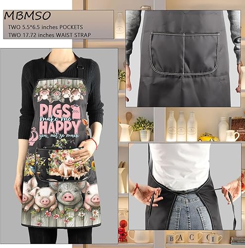 Miniatura 3 de MBMSO Divertidos regalos de cerdo, delantal de barbacoa para amantes de los cerdos, regalos de cerdos Make Me Happy Pig Delantal con bolsillos BBQ