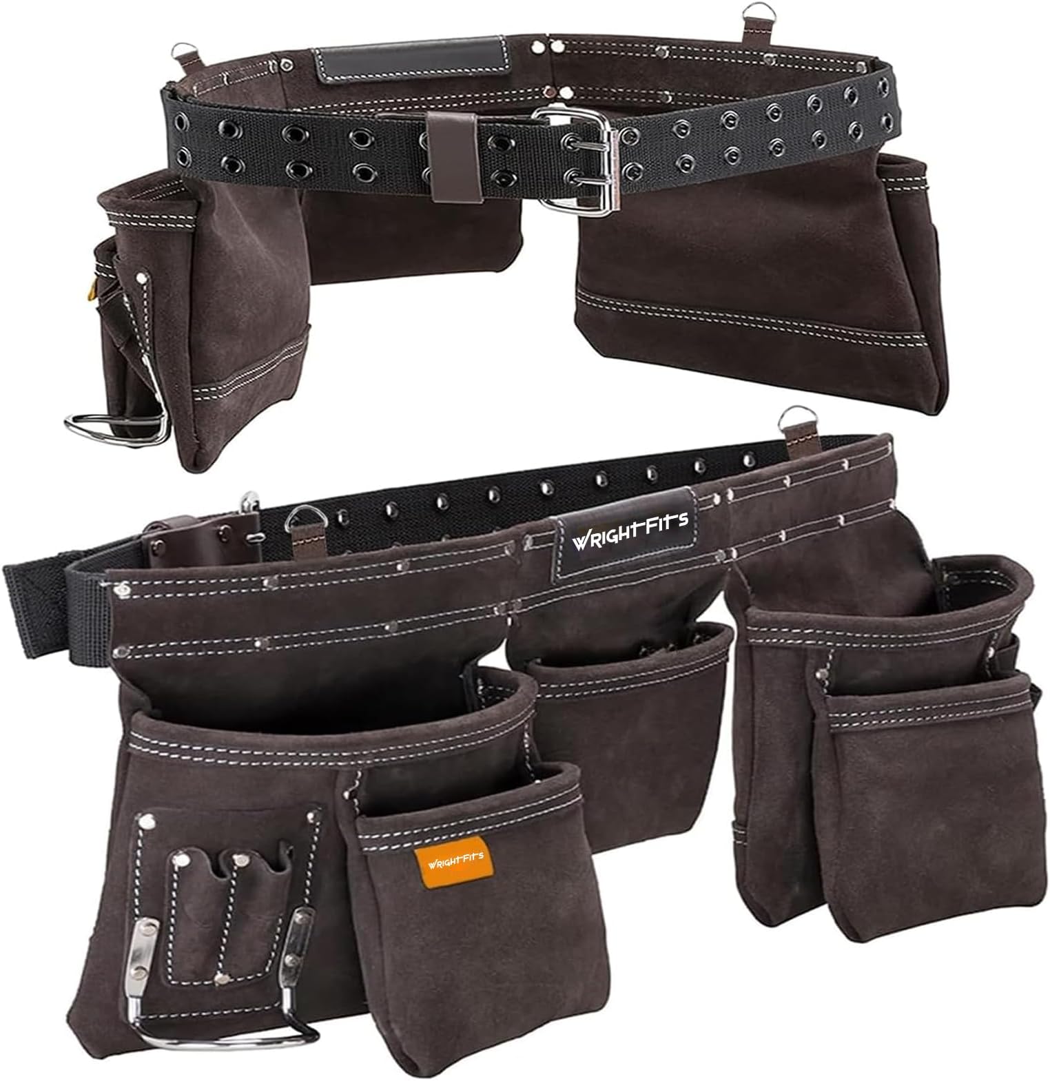 WrightFits Leather Tool Belt for Men – 9 Pocket Heavy Duty Tool Pouch Apron, Double-Stitched Work Belt with Adjustable Waist & Hammer Loop for Electricians, Carpenters & Construction