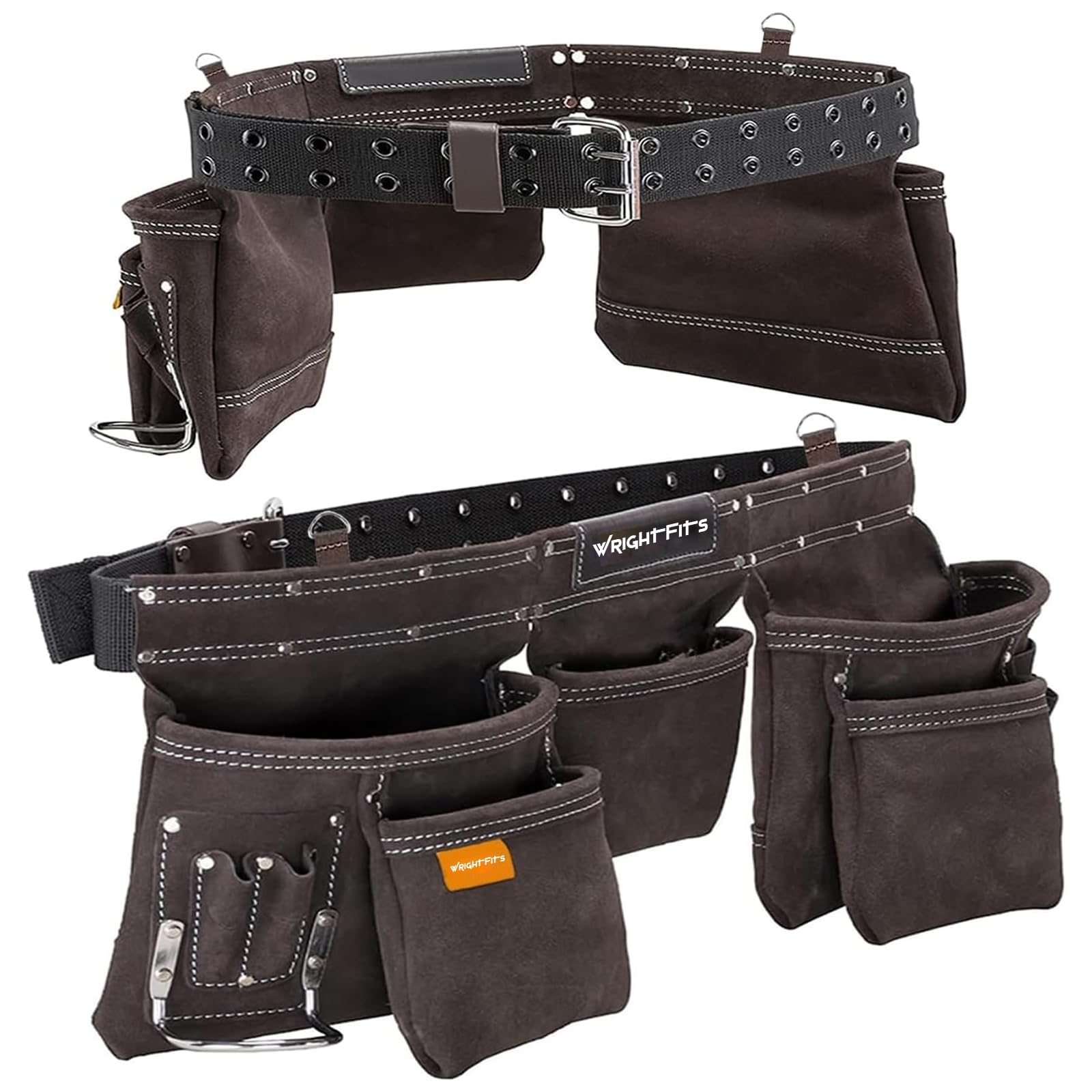 WrightFits Leather Tool Belt for Men – 9 Pocket Heavy Duty Tool Pouch Apron, Double-Stitched Work Belt with Adjustable Waist & Hammer Loop for Electricians, Carpenters & Construction