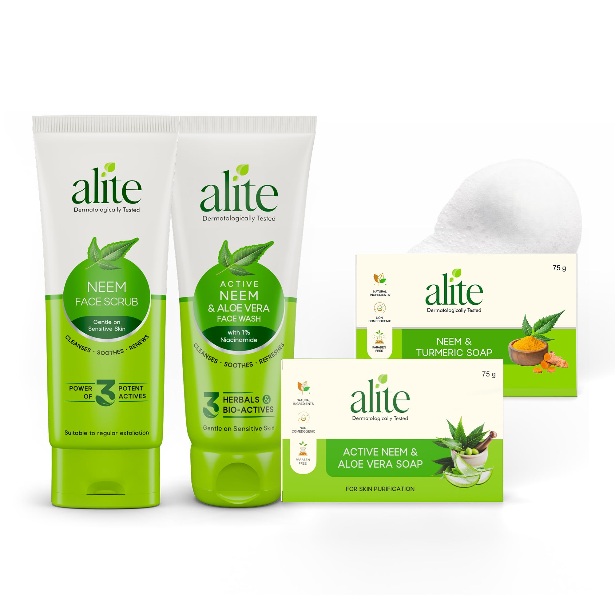 Alite 4-in-1 Complete Collection – Neem & Aloe Vera Face Wash (70g) + Face Scrub (70g) + Neem & Turmeric Soap (75g) + Neem & Aloe Vera Soap (75g) | With 1% Niacinamide | Herbal Skincare Gift Set | For All Skin Types | Dermatologically Tested-image-44