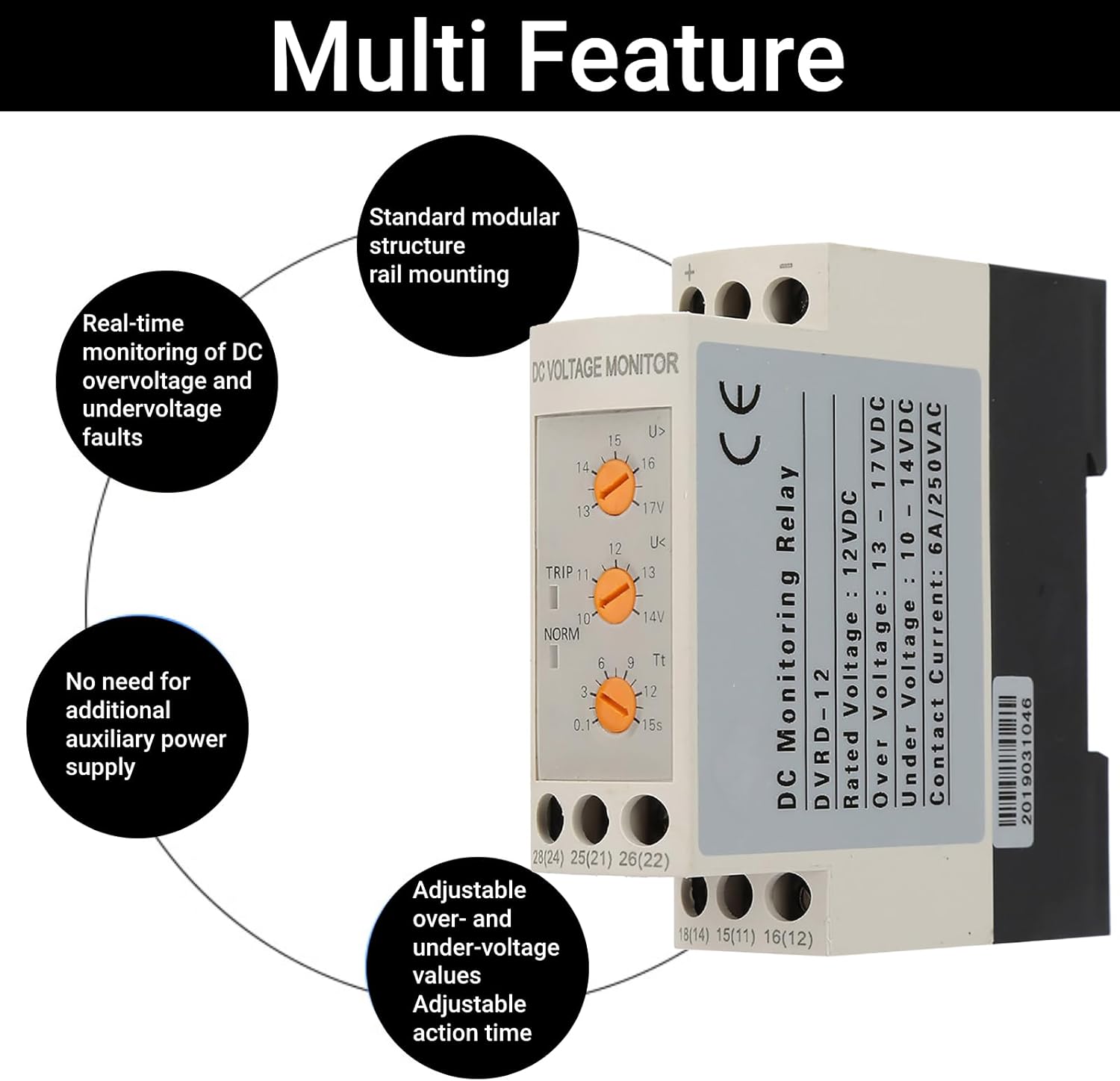 Voltage Monitoring Relay Over Under Voltage Protector 35mm DIN Rail Mount for DC Power Supply and Motor Protection