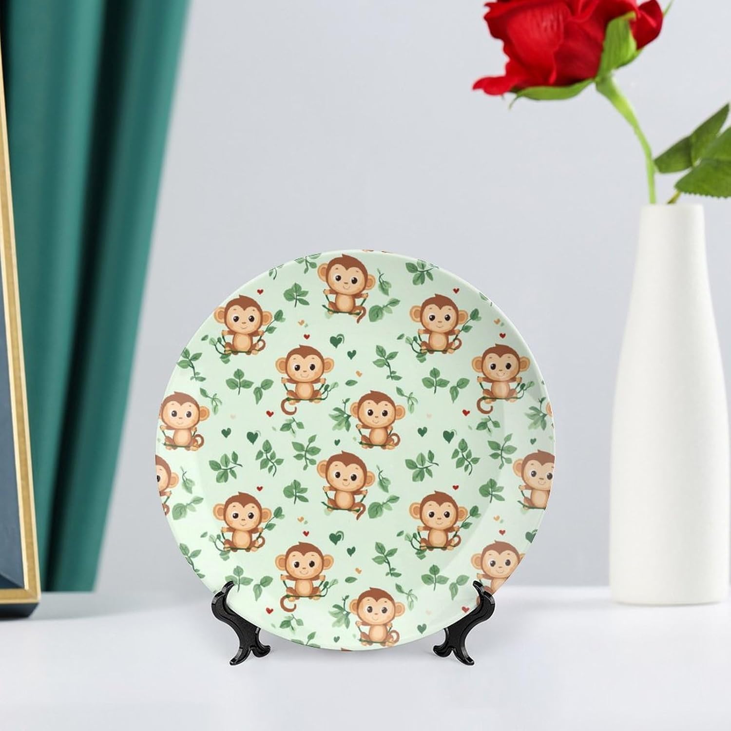 Cute Cartoon Monkey Decorative Plate Tray Decor Trinket Dish Bone China Dinner Plates for Home Office Kitchen